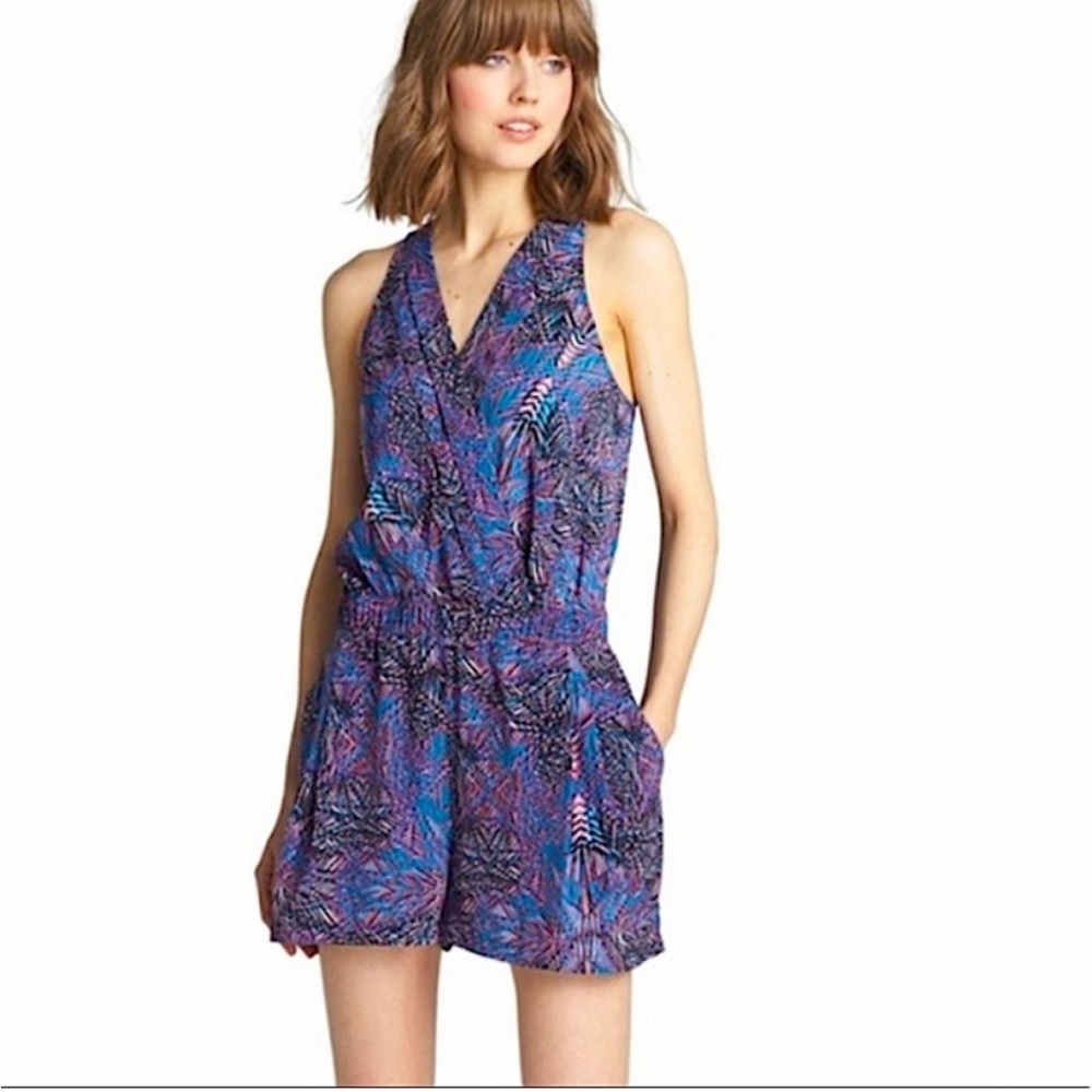 Palm print pink blue island romper by Trouvé size small